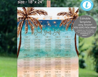 beach seating chart editable template, tropical seating chart sign editable, tropical wedding seating chart, 18x24 templett