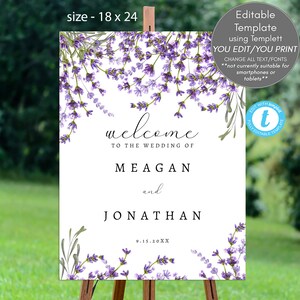 lavender welcome sign, editable wedding sign, printable wedding welcome sign, lavender floral, rustic, 18x24, templett, YOU EDIT