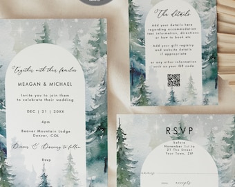 May include: A winter wonderland themed wedding invitation suite with a watercolour background of a snowy forest. The invitation card features the text "Together with their families, Meagan & Michael, invite you to join them to celebrate their wedding, Dec 21, 20XX, 4pm, Beaver Mountain Lodge, Denver, CO, Dinner & Dancing to follow". The RSVP card features the text "RSVP before November 1st to 21 The Street, Your Town, ZIP".