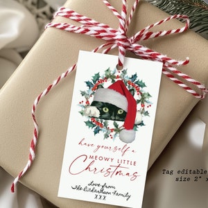 Meowy little christmas editable tag template, editable christmas cat in santa hat tag, printable holiday tag, templett, 2" x 3.5", you edit