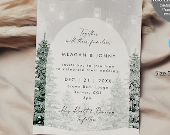 Plantilla de invitación de boda de invierno, invitación de boda navideña imprimible, plantilla de invitación navideña, vacaciones rústicas, árboles, templett
