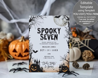 May include: A rectangular Halloween-themed invitation card featuring black silhouettes of trees, a castle, and pumpkins against a pale background. The text reads SPOOKY SEVEN, PLEASE JOIN US AT THE 7TH BIRTHDAY CELEBRATION BY MEAGAN JONES, OCT 31 20XX, 4PM, MEAGAN'S BAR, 1 WEST BEACH, FL, TRICKS, TREATS & GAMES.