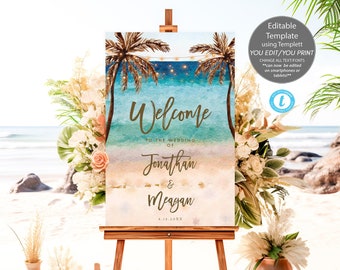 beach welcome sign template, beach wedding sign template, editable beach wedding sign, married abroad wedding sign, 24x36,Templett, you edit