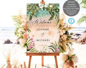 beach orchid wedding welcome sign template, tropical wedding sign editable template, beach sign, married abroad wedding sign, 24x36,Templett