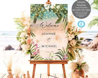May include: A tropical wedding welcome sign with a watercolor background featuring palm leaves, orchids, and string lights. The sign reads "Welcome to the wedding of Joanne & Michael 15 August, 20XX". The sign is 24 inches by 36 inches.