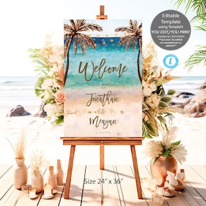 Puede incluir: Señal de bienvenida a la boda con una escena de playa, palmeras y el texto "Welcome to the wedding of Jonathan & Meagan 4.15.20XX". La señal mide 24 pulgadas por 36 pulgadas.