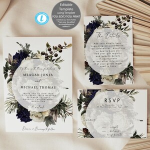 botanical winter wedding invitation set editable template, winter floral wedding invitation printable, holiday invitation set, templett, 5x7