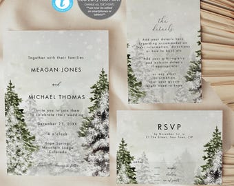 Rustic Winter Wedding Invitation Set, Evergreen Trees (Editable Template), Templett