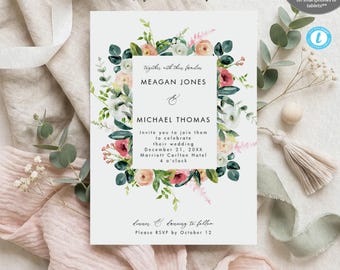 Blush Floral Wedding Invitation Template, Boho Greenery, Printable (5x7in)
