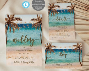 Editable beach wedding invitation set, beach wedding invitation template set, tropical wedding invitation printables, you edit, Templett