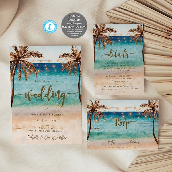 Editable beach wedding invitation set, beach wedding invitation template set, tropical wedding invitation printables, you edit, Templett