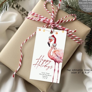 Flamingo in santa had editable happy holidays tag template, editable christmas flamingo tag, printable holiday tag, templett, 2" x 3.5"