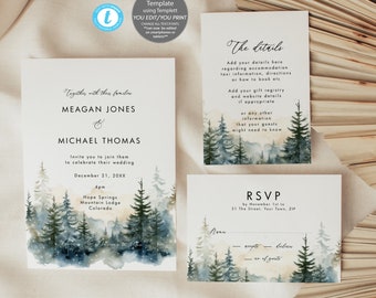 May include: A wedding invitation suite featuring a main invitation, a details card, and an RSVP card. Each white card displays a watercolour forest of pine trees in shades of blue and green with tan mountains. The text includes names, dates, and event details.