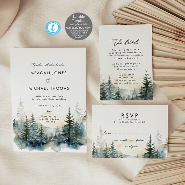 rustic winter wedding invitation set, misty mountain winter invitation templates, holiday wedding set, winter forest wedding set, templett