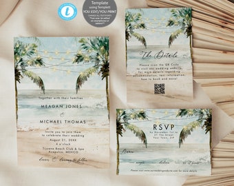 Editable beach wedding invitation set, beach palms wedding invitation template set, tropical wedding invitation set, you edit, Templett