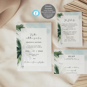 beach palms wedding invitation template set, tropical wedding invitation set, summer wedding invitation set, beach wedding, Templett
