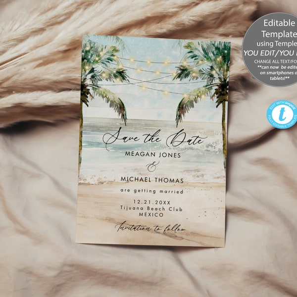 tropical palms beach save the date printable, editable beach save the date, beach Save the Date template editable, 5 x 7, you edit, Templett