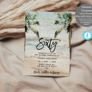 tropical palms beach 60th birthday invitation, editable beach invitation, Sixtieth birthday beach invitation template, 5x7, Templett, 60