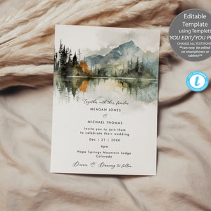 rustic winter fall wedding invitation template, mountain wedding invitation printable, forest invitation, rustic, winter trees, templett