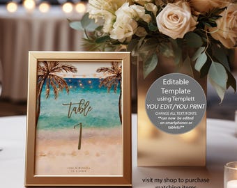 Editable Beach Wedding Table Numbers, Tropical Palms, 5x7 (Templett)