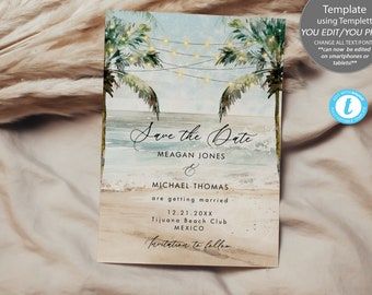 Invito Save the Date a tema spiaggia tropicale, con palme, formato 5x7, Templett