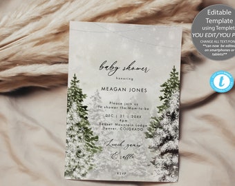 May include: A rectangular baby shower invitation card featuring a watercolour illustration of snow-covered pine trees and string lights. The text reads: baby shower honouring MEAGAN JONES, Please join us to shower the Mom-to-be, DEC 21 20XX, 4pm, Beaver Mountain Lodge, Denver, COLORADO, Lunch, games & raffle, RSVP.