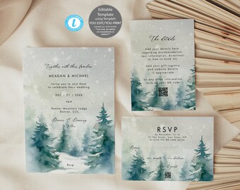 May include: A wedding invitation suite featuring a watercolour winter forest scene with evergreen trees and falling snow. The set includes a main invitation, a details card, and an RSVP card, all printed with dark green and white forest imagery.
