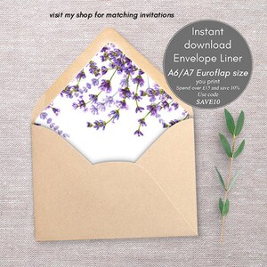 forro de sobre floral, plantilla de forro de sobre imprimible, forros de sobre de lavanda, imprimibles de boda, tamaños A6 y A7 Euroflap, sobre diy