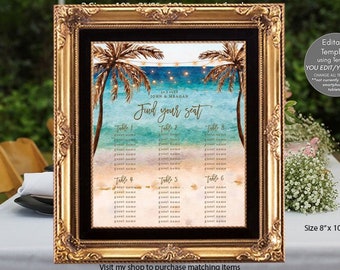 small beach seating chart editable template, tropical seating chart sign editable, tropical wedding seating chart, 8x10, templett