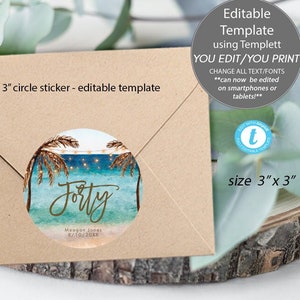 beach favour tag sticker template, beach forty sticker tags printable, beach tag editable template, beach favour tags, templett, 3 x 3&quot;