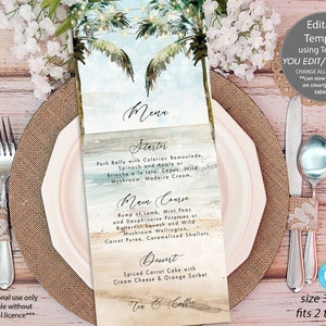 beach wedding menu printable, beach palms wedding menu editable template, editable tropical beach menu, Templett, 3.65&quot;x9&quot;, you edit