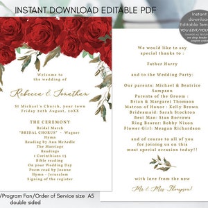 red roses wedding program, editable wedding program fan template, wedding program template, printable wedding program, templett wedding, A5