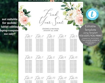 pink blush floral wedding seating chart template, editable seating chart, printable seating chart, floral seating chart, 24x36, templett