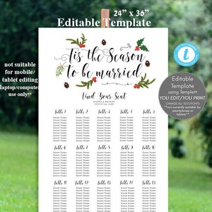 winter wedding seating chart, wedding seating chart sign, editable seating chart, christmas seating chart printable, 24x36, templett