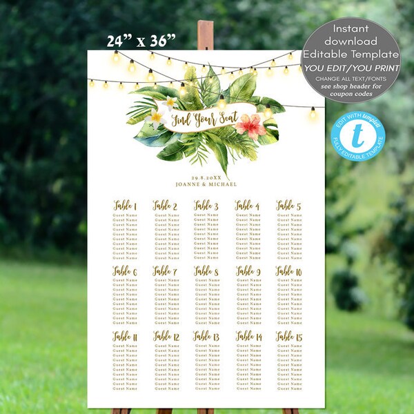 Hawaiian Seating Chart Template Etsy