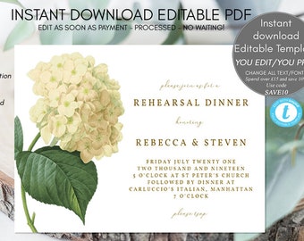 wedding rehearsal dinner invitation, hydrangea rehearsal dinner, printable rehearsal dinner invitation, rustic invitation, templett, 7x5