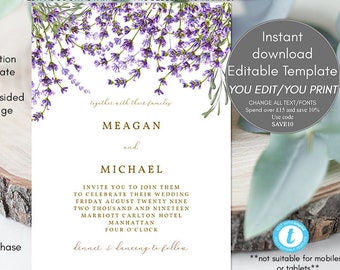 Lavender Wedding Invitation Template, Purple Floral (Editable PDF)