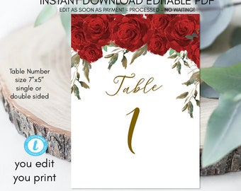 wedding table numbers, table numbers Printable, red roses table decor, instant download, templett, editable template, you print, 7x5