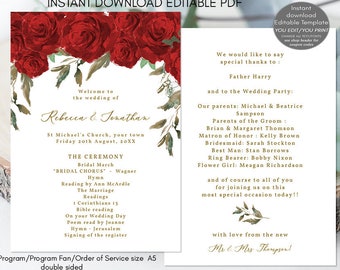 Red Roses Wedding Program Template, A5 Fan (Digital Download)