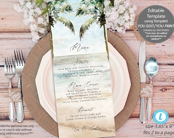 beach wedding menu printable, beach palms wedding menu editable template, editable tropical beach menu, Templett, 3.65"x9", you edit