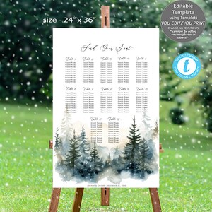 winter wedding seating chart editable template, misty mountain winter seating chart template, winter wedding seating plan, templett, 24x36
