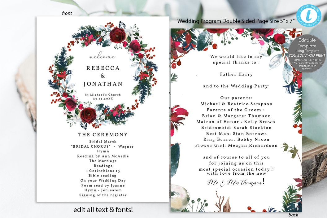 Digital File Printable Cream Floral Wedding Program Christmas Programs Xmas Winter DIY Print TH61 PR09 Programs Template