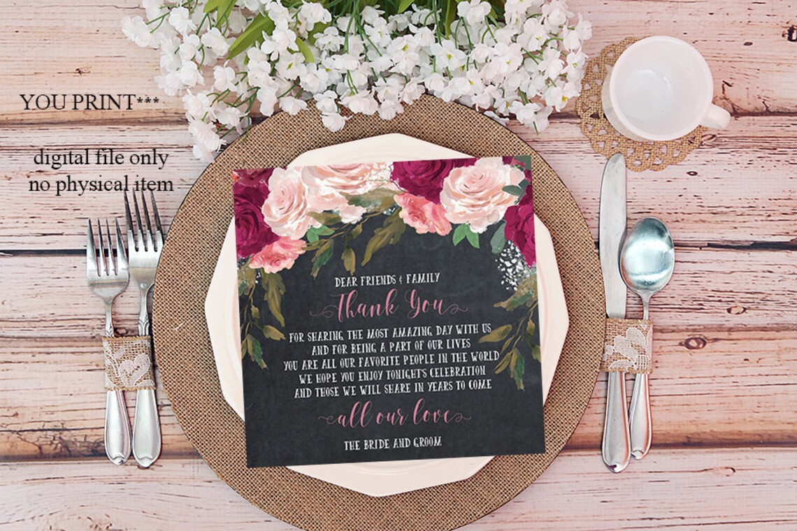 Thank You Place Card Printable Thank You Cards Wedding Thank Etsy UK