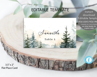 winter wedding place card editable template, editable name card template, holiday name cards, templett, winter wedding, rustic, 3.5x2"