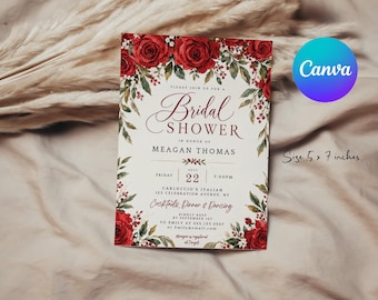 Red Roses Bridal Shower Invitation, Editable Canva Template (5x7)