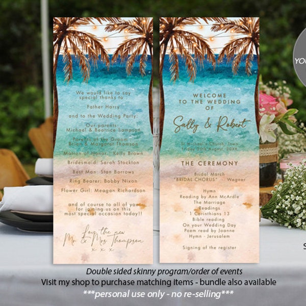 beach wedding program editable template, editable beach wedding program template, wedding program editable, templett, 3.65x9, you edit