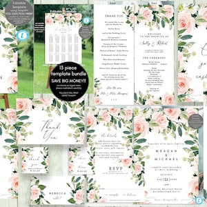 pink blush floral wedding template bundle, printable wedding invitation set, editable wedding invitation template set, templett,13 piece,50%