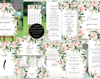 pink blush floral wedding template bundle, printable wedding invitation set, editable wedding invitation template set, templett,13 piece,50%