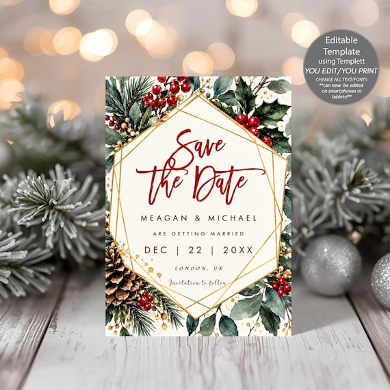 Winter Floral Save The Date editable Template, Christmas Wedding Invitation (5x7 Templett)