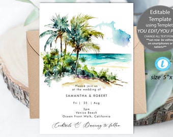 Editable beach wedding invitation template, tropical beach wedding invitation editable template, tropical wedding printable, you edit